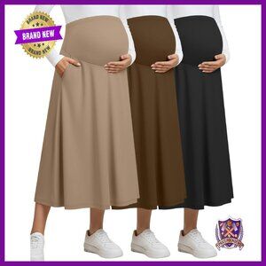 Maternity Maxi Skirts 3 Pack High Waisted A-Line Ankle Length Pockets
